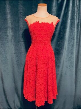 Anthropologie “Mirror of Venus” Lace Fit-and-Flare Floral Dress Coral Red